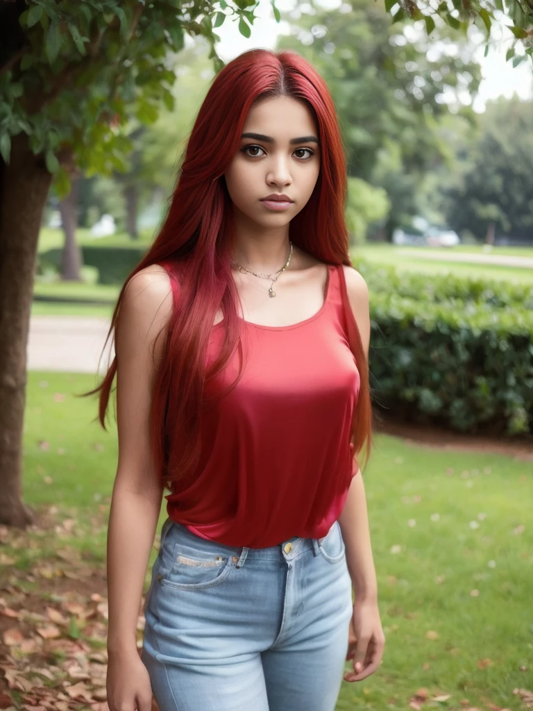 Portrait of 19 years old charming  teenage girl, healthy, beautiful Indian girl, very long red hair, cute and serious, naughty and provoking expression to viewer, ((tight red silk top))), jeans, full body, in the park, sexy, ultra-realistic , photorealistic, detailed, light skin, detailed in 8K, [no worries, NSFW,]