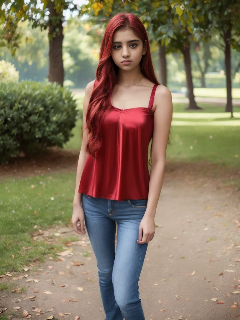 Portrait of 19 years old charming  teenage girl, healthy, beautiful Indian girl, very long red hair, cute and serious, naughty and provoking expression to viewer, ((tight red silk top))), jeans, full body, in the park, sexy, ultra-realistic , photorealistic, detailed, light skin, detailed in 8K, [no worries, NSFW,]