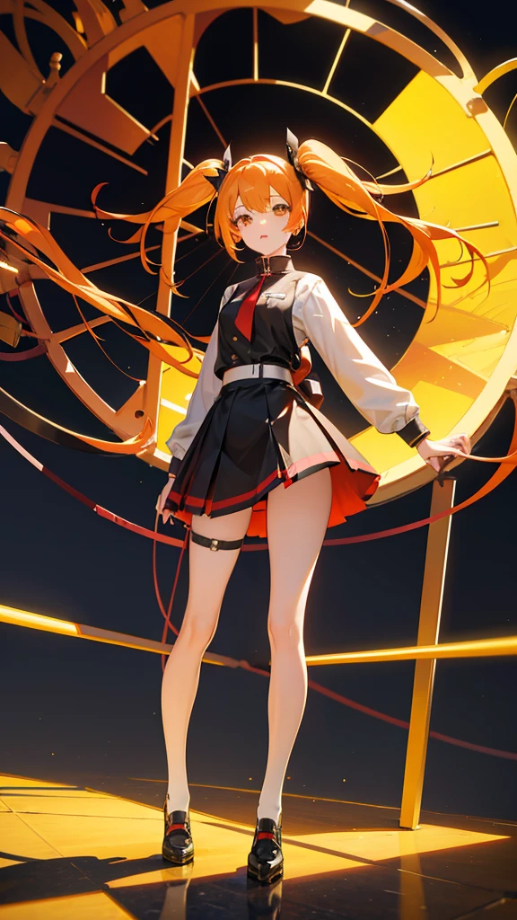 girl in a short skirt in knee-length stockings, red-yellow hair,Twin Tail, full height, in a beautiful area, 3D wallpaper.