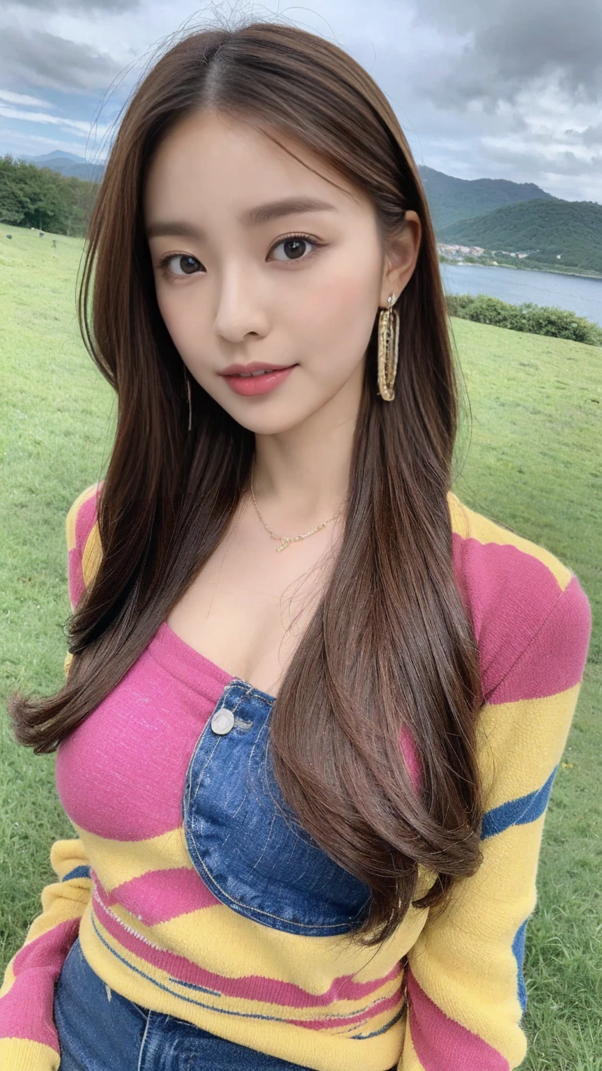 ((Highest quality, 8,000 people, masterpiece: 1.3)), 1 female, (Hairstyle Casual, Huge breasts:1.3), trend:1.2, Ultra Fine Face, Fine grain, double eyelid, smile, ditch, Long legs, Naughty look, (Behind me is a vast and beautiful landscape.:1.3), Blonde woman with wavy hair, (Mr.々Material, Colorful clothing:1.4), Small face, Beautiful body,