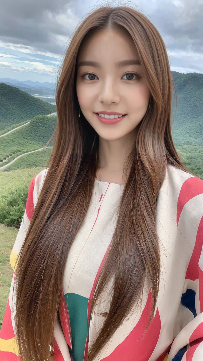 ((Highest quality, 8,000 people, masterpiece: 1.3)), 1 female, (Hairstyle Casual, Huge breasts:1.3), trend:1.2, Ultra Fine Face, Fine grain, double eyelid, smile, ditch, Long legs, Naughty look, (Behind me is a vast and beautiful landscape.:1.3), Blonde woman with wavy hair, (Mr.々Material, Colorful clothing:1.4), Small face, Beautiful body,