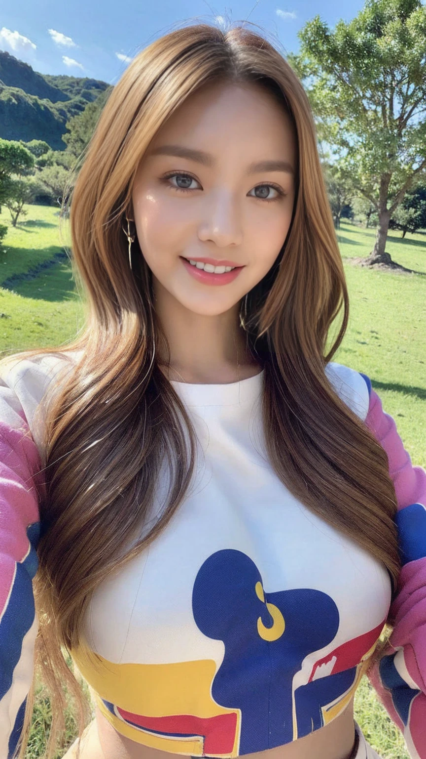 ((Highest quality, 8,000 people, masterpiece: 1.3)), 1 female, (Hairstyle Casual, Huge breasts:1.3), trend:1.2, Ultra Fine Face, Fine grain, double eyelid, smile, ditch, Long legs, Naughty look, (Behind me is a vast and beautiful landscape.:1.3), Blonde woman with wavy hair, (Mr.々Material, Colorful clothing:1.4), Small face, Beautiful body,