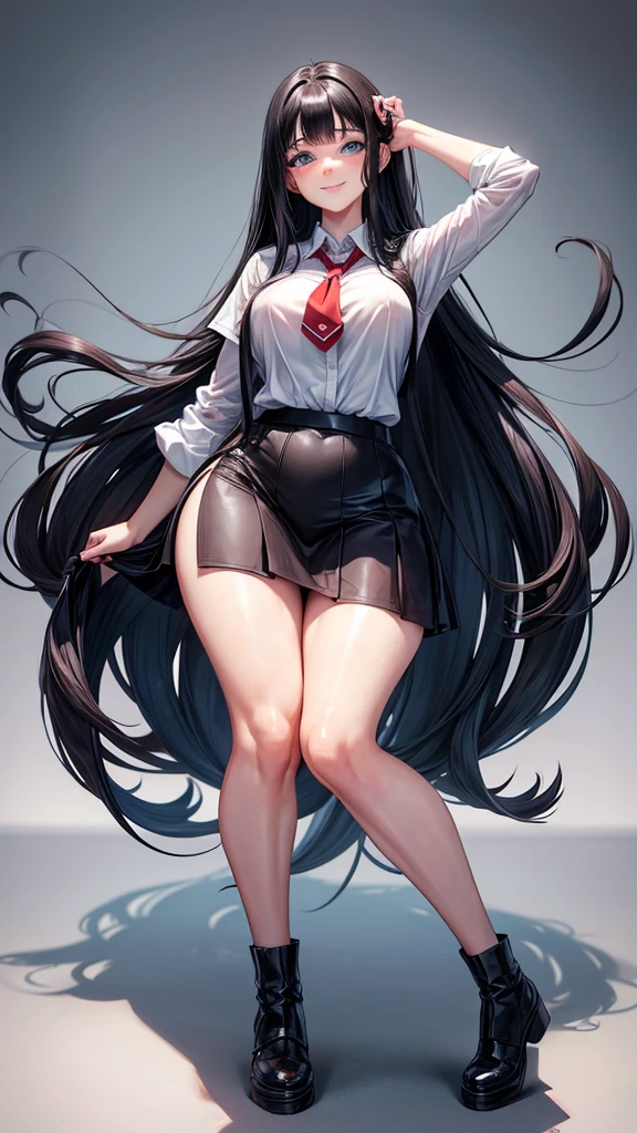 1 mature girl, beautiful face, blue eyes, red cheeks, smile, long straight hair, black hair, long bangs, seky body, colossal , overmany, big and droopy, big titietra, wide hips, School uniforms, mini skirt, tight shirt