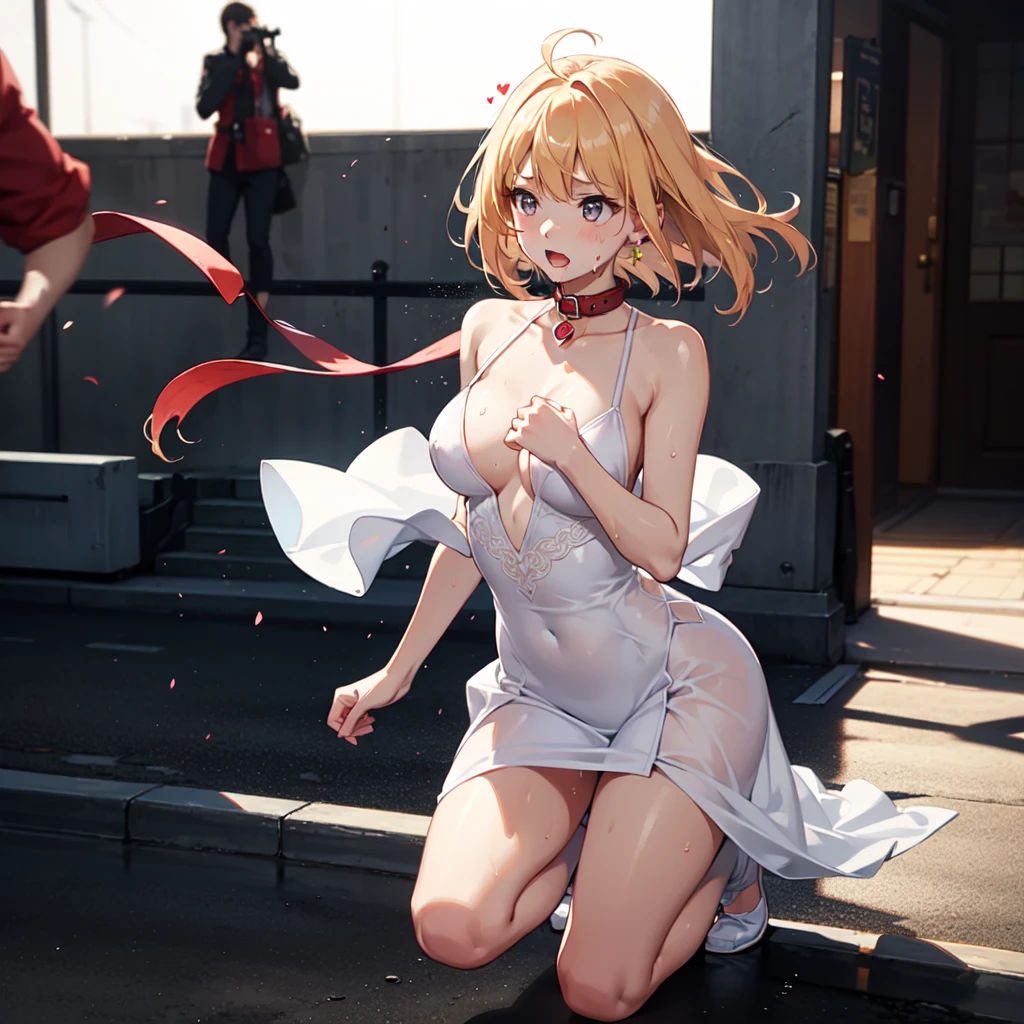 One person girl,Wear a comfortable wedding dress,Full Body Lesbian,(LOL:1.1),(Open your mouth:1.1),(Eyes Wide Open:1.2),Strong light,Background blur,Depth of written boundary,Blur the background,Particles of light,Strong winds,(Heart Particles:1.1)Sweat and get wet,Exaggerated performance,Red collar,Big Chest,Wanting a larger chest ,Queen様,Sexual desire,Sexual desire,Desire for dissatisfaction,coquetry,high quality,squat,Sticking out one's tongue,Sticking out one's tongue,Chest compressions,Perverse laughter,Obscene,Queen