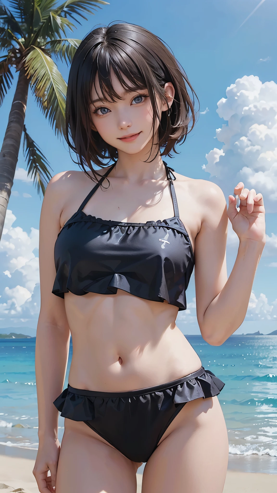 Highest quality , High resolution , Detailed CG , high school girl , short hair , Sexy Swimwear , slender , Modest chest , Beautiful small hips , Black Hair , Two limbs , Optimal ratio , Embarrassed expression , Burning cheeks , Ocean , Rocky reefs , A place without people , Nipples are visible , touching one's own breasts with one's own hands , facial expression during orgasm , Hiding in the shadows