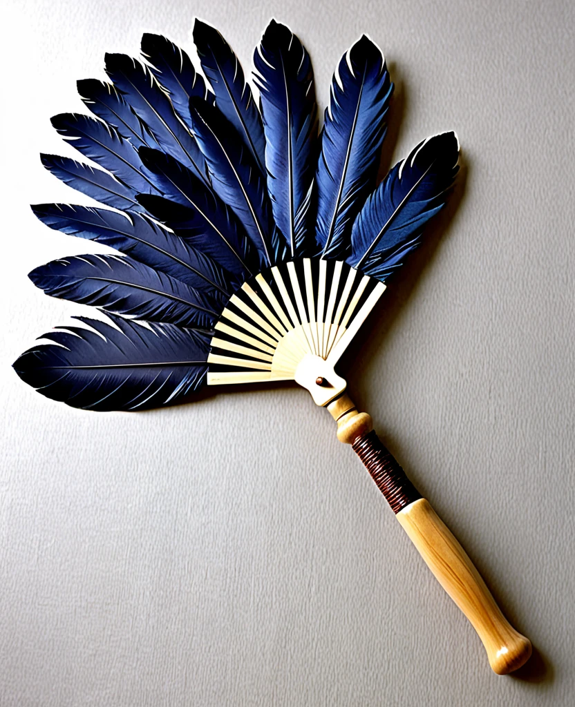 （Handle Feather Fan)、（Wooden handle）、（(It is made up of many overlapping feathers.）)、(The handle is at the base of the blade.)