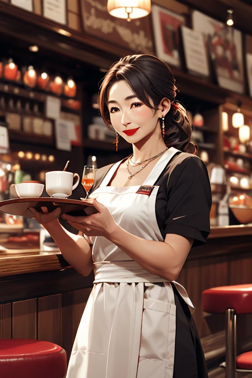 Beautiful mature Japanese woman aged 55, Married women, Fine wrinkles, Long eyelashes, Low Ponytail, Red lipstick, Pearl Necklace, Earrings, Red lipstick, waitress, waitress, Cafe