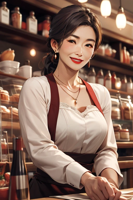 Beautiful mature Japanese woman aged 55, Married women, Fine wrinkles, Long eyelashes, Low Ponytail, Red lipstick, Pearl Necklace, Earrings, Red lipstick, waitress, waitress, Cafe