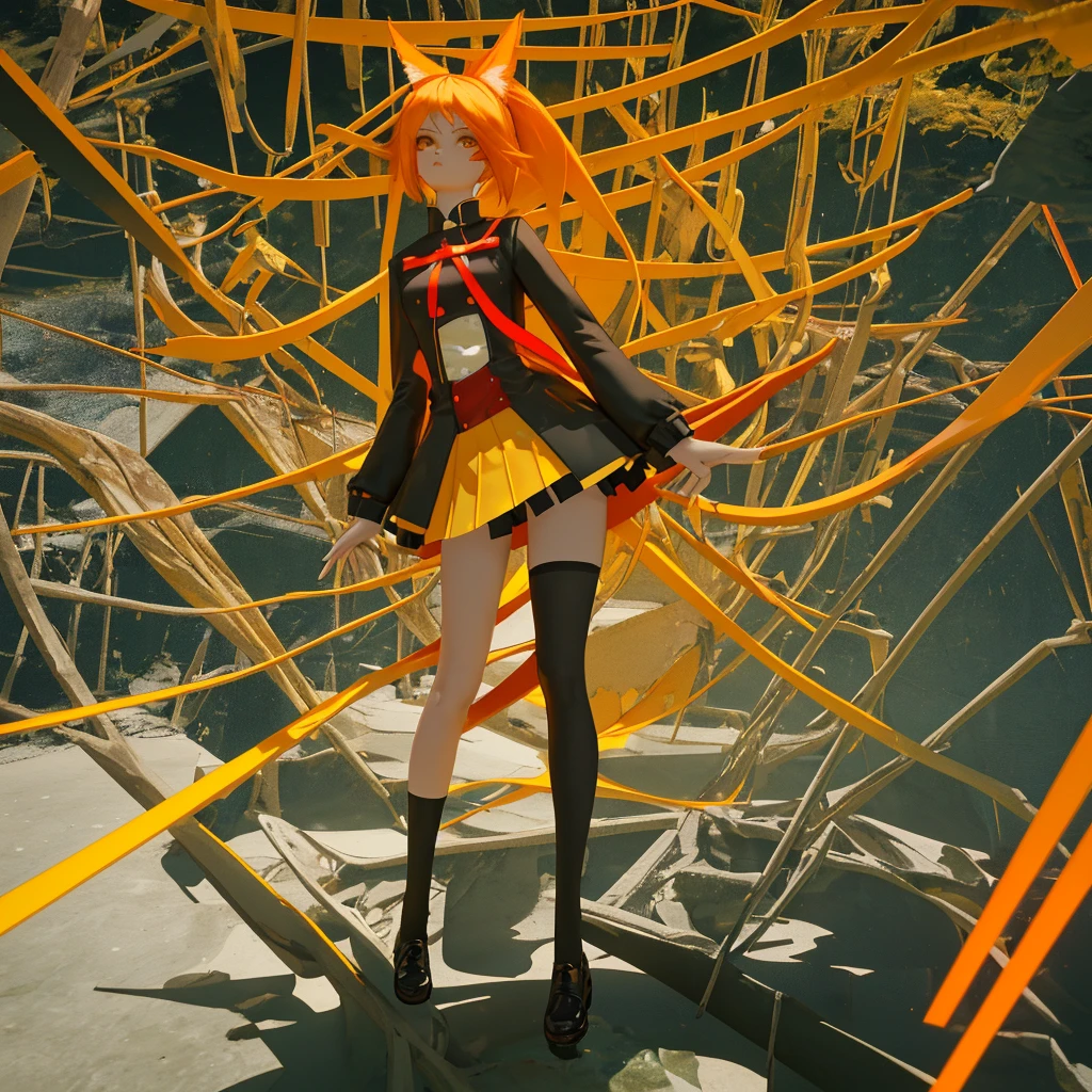 girl in a short skirt and knee-length stockings, red-yellow hair, two tails, full length, in a beautiful location, 3D wallpaper.
