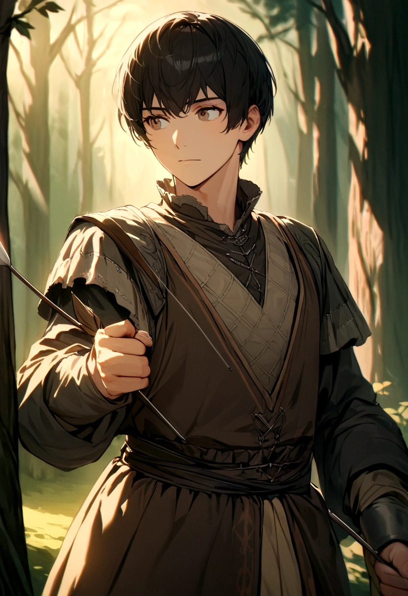 young man with short brownish black hair wearing medieval clothes, holding a bow and arrows, set in a forest. Approaching perfection, Long take shot, Ultra detailed, smooth, HD resolution.