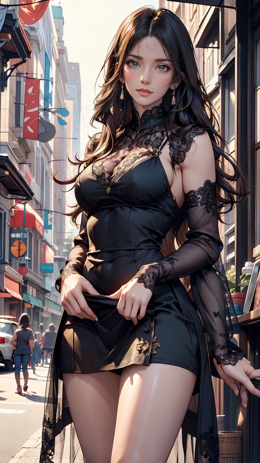 24-year-old woman、Beautiful appearance、Model Body Type、Sexy proportions、Put gold mesh in black hair、Semi-long hair、No sleeve、Lace-embellished dress、Arm Covers、Mini length、Exposed thighs、Shop downtown