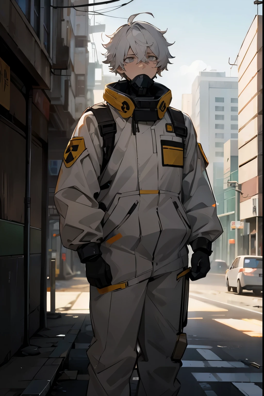1male , Hazmat Suit , Radiation Suit , Ruined City Background , Standing on sidewalk , Serious Expression , Adult Male , White Hair , Messy Hair , Tired Expression