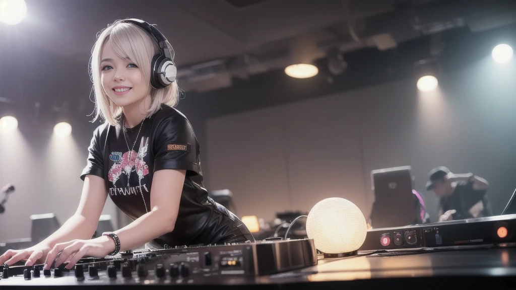 (ultra - detailed, 16K resolution, Cinema lenses, rendering by octane), (high resolution:1.18), intricate detail, (masterpiece:1.1), (highest quality:1.1), (1girl, portrait, white hair, blue eyes, short hair, detailed eyes),Wearing silver DJ headphones, Shiny silver sequined T-shirt, (Iconic hip-hop pop costumes:1.3), Smile while DJing on stage, full body shot of, The spotlight shines on the female DJ. Photorealistic photography by Disco Lighting, (cute round face:1.3), perfect fingers, five fingers, beautiful hands, perfect hands. master peace, cute smile.
