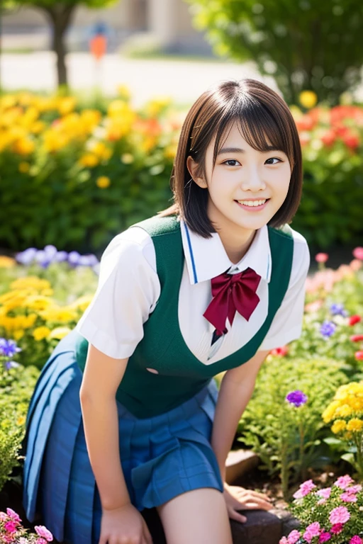 (((full bodyesbian)))、((Girls' High School Uniforms))、((1a person))、short ponytail hair、short bob hair、Close to the subject、((a school flower beds)))、(((ssmile)))、(((Girls' High School)))、((a beauty girl))、((sexy pose))、Photorealsitic、Beautiful detailed eyes、Hyper-Realism、highcontrast、Ultra HD、realistic skin textures、Top image quality、top-quality、超A high resolution、Fine details、Very meticulously、well-endowed round bosom