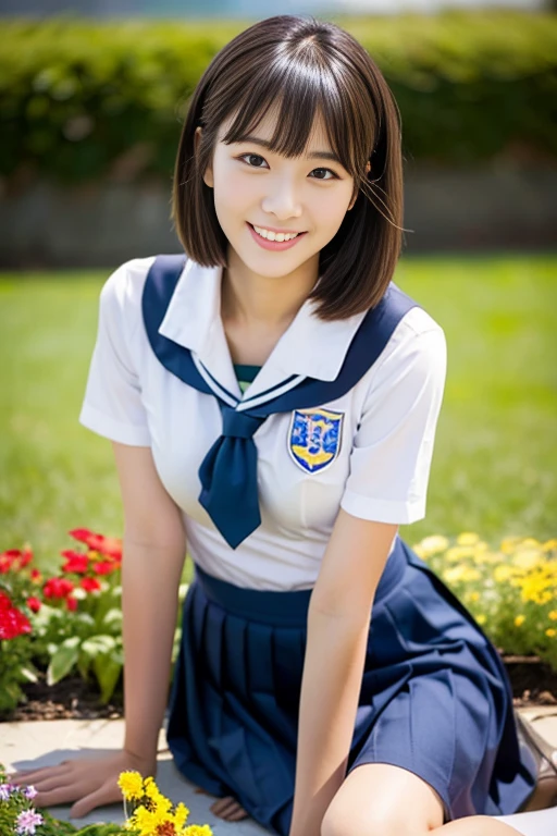 (((full bodyesbian)))、((Girls' High School Uniforms))、((１a person))、short ponytail hair、short bob hair、Close to the subject、((a school flower beds)))、(((ssmile)))、(((Girls' High School)))、((a beauty girl))、((sexy  pose))、Photorealsitic、Beautiful detailed eyes、Hyper-Realism、highcontrast、Ultra HD、realistic skin textures、Top image quality、top-quality、超A high resolution、Fine details、Very meticulously、well-endowed round bosom