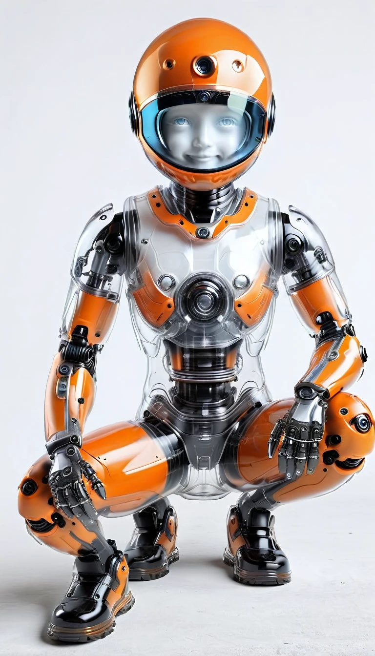 Create a realistic image of an adult male AI robot with a predominantly orange and black appearance. He was supposed to be wearing a helmet with goggles covering his eyes, but his mouth was visible and he was smiling at the camera, and the color of his shoes was black and orange. The AI ​​robot must pose cutely in front of the camera, with its entire body clearly visible from head to toe. The background must be white. The overall scene should emphasize the whimsical and fun nature of the AI ​​robot character