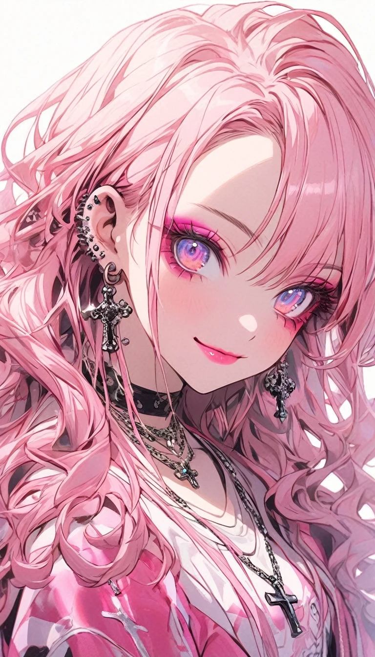 Niji Style, 1girl, kawaii, smile, long hair, looking at viewer, blue eyeackground, white background, jewelry, closed mouth, jacket, upper body, pink hair, earrings, pink eyes, necklace, from front, sweater, lips, eyelashes, makeup, wavy hair, piercing, cross, lipstick, ear piercing, eyeshadow, hoop earrings, pink lips, multicolored eyes, pink theme, pink eyeshadow,