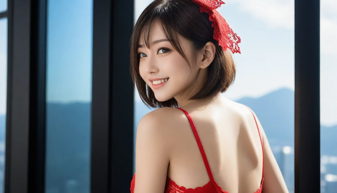 8k, Ultra-high resolution, Highest quality, masterpiece, 三分割法によるphotograph,Surreal, photograph, 1 girl, (:1.3), pretty girl, Cute face, Beautiful eyes in every detail, 細かくdetailedに,masterpiece,, One Girl:1.2, Japan Female Announcer,whole body,Young Wife,Leaning against the window, Nice views, Standing at the window, Pressed hard against the window, Standing on top of a skyscraper, Near the window, With your back to the window, Amazing View ,View from the side, Micro Bikini,Red lace underwear,A carefree smile,Healing the heart,Bold Pose,Short Bob,Looking at the audience、beauty,Long neck、Laugh a little、Please close your mouth and laugh、(((Ideal body type))),A-cup small breasts :2,、Portraiture:2、Perfect Anatomy、鮮明なdetailed、detailed、Surreal、Light and shadow,Strong light