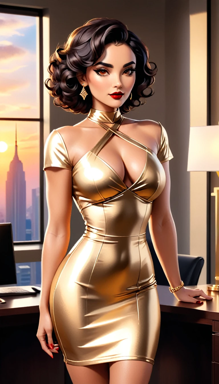 Beautiful woman with short curly dark hair with brown eyes wearing a Mock Neck Cut Out Dress, Sexy Criss Cross Mock Neck Short Sleeves Dress, luxurious jewelry, 18k gold wedding ring on left hand, standing in an office room at sunset wearing a luxurious gold necklace (red lipstick),(elegant mascara),(muscular body with abs),(big breasts) midjourney, <lora:GoodHands-, <lora:GoodLegs-, UHD, high resolution, (masterpiece:1.1, best quality), (expressive eyes, perfect face, full body, expressive face, perfect body, athletic, fit, slim body, blushing, Perfect makeup, eyeliner, beautiful eyelashes, smiling, horny face), ((best illumination, best shadows))