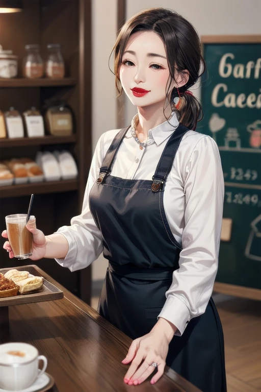 Beautiful mature Japanese woman aged 55, Married women, Fine wrinkles, Long eyelashes, Low Ponytail, Red lipstick, Pearl Necklace, Earrings, Red lipstick, waitress, waitress, Cafe