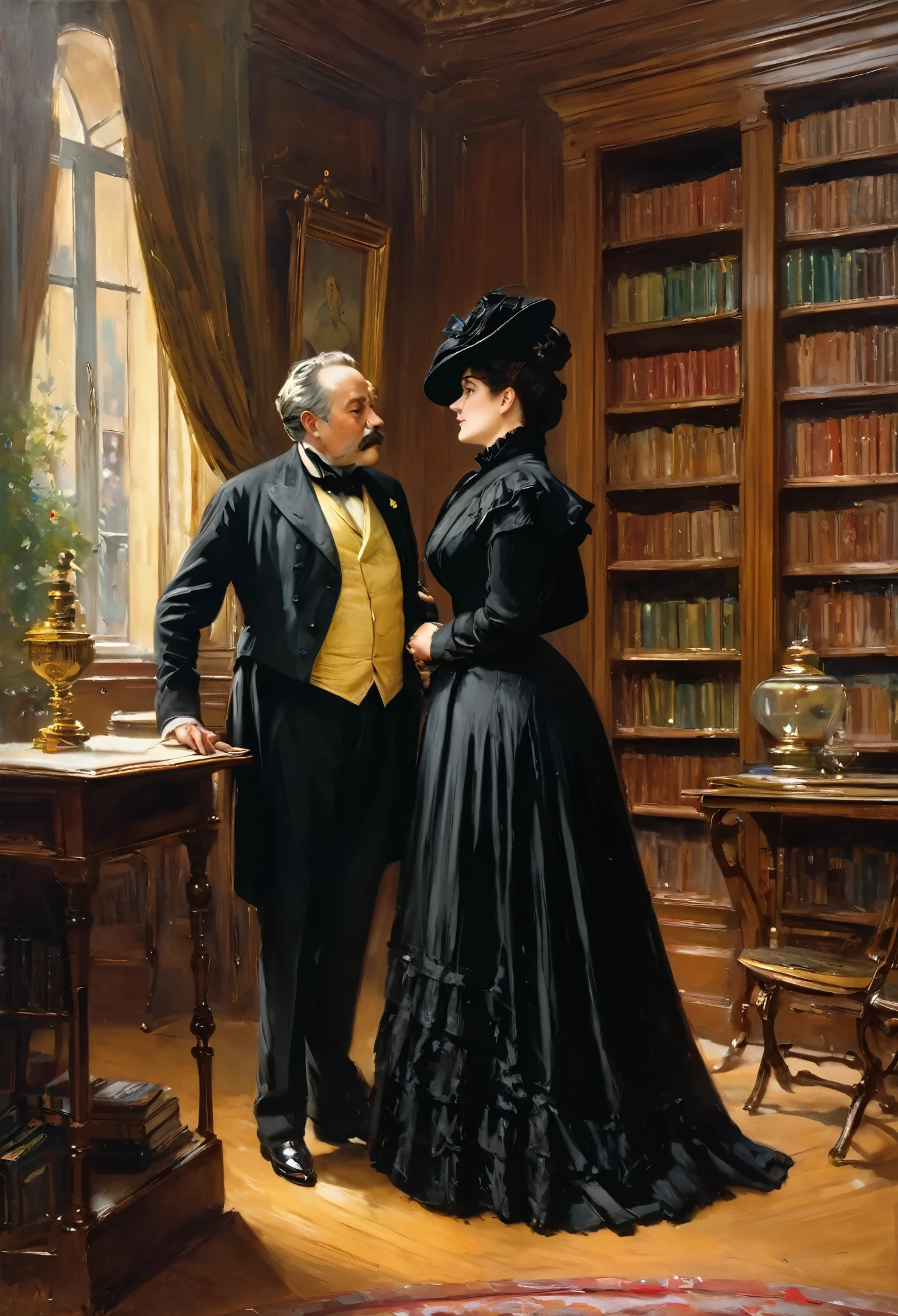 Full body view, a tall voluptuous buxom, fully figured, mature victorian widow in a black dress having a intimate conversation with a eldely gentleman in the library, by Jean Béraud, inspired by Jean Béraud, inspired by Édouard Detaille, edouard leon cortes, inspired by Ivan Kramskoi, inspired by Jean-Louis-Ernest Meissonier, by Édouard Detaille, inspired by Paul Émile Chabas