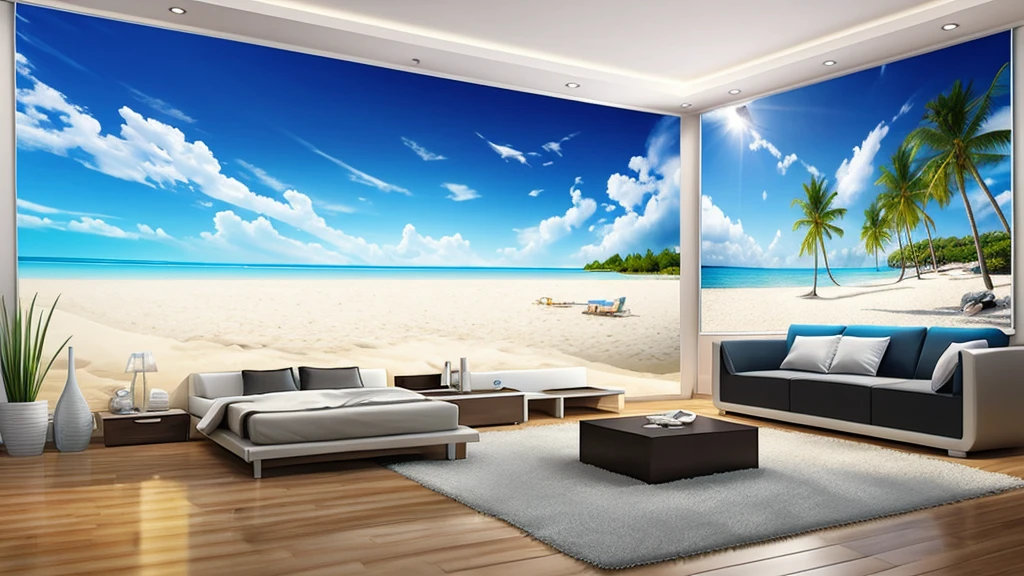create 3D beach blue sky for banner at bedroom, realistic, best quality, 16K