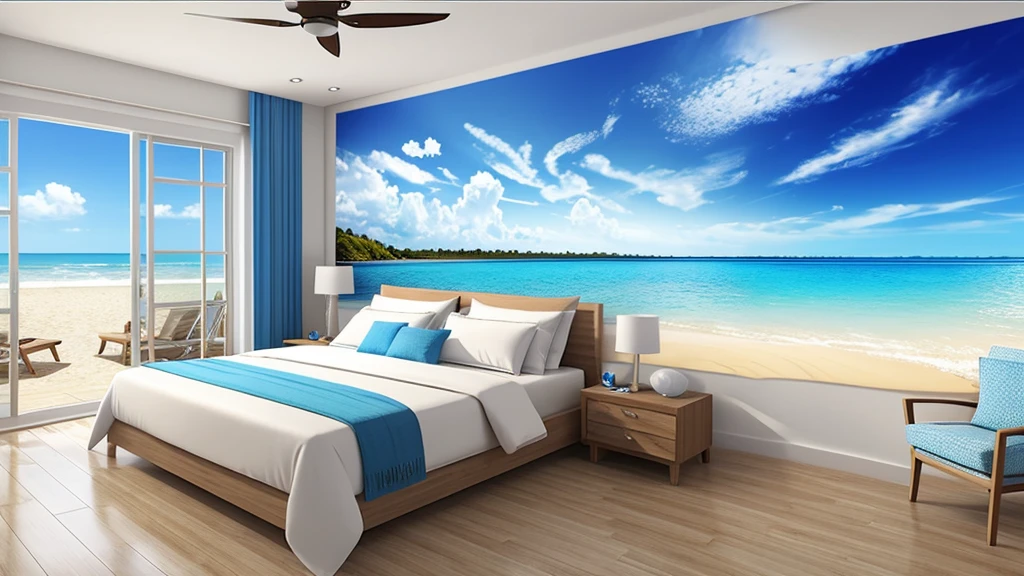 create 3D beach blue sky for banner at bedroom, realistic, best quality, 16K