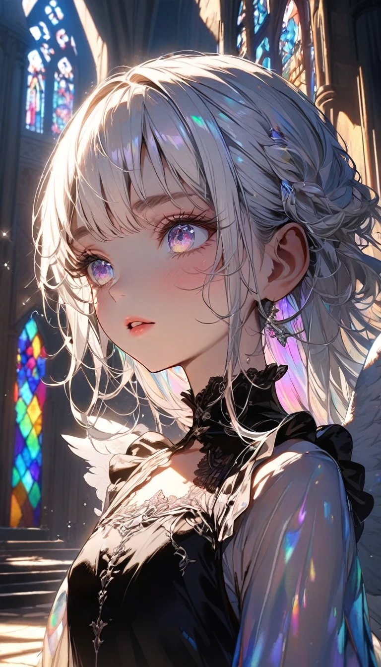 (absurdres:1.5), (highres), (best quality:1.1), (ultra-detailed:1.1), (an extremely delicate and beautiful), 1 girl, beautiful face, (detailed face), best quality, angel、White hair, iridescent inner hair color, flat chest, gothic dress, angel wings on her back, high resolution,high quality background, depth of field, cathedral with stained glass, colorful glass, high ceiling, (cinematic light:1.2), golden hour light, light sparkles, sunbeam,