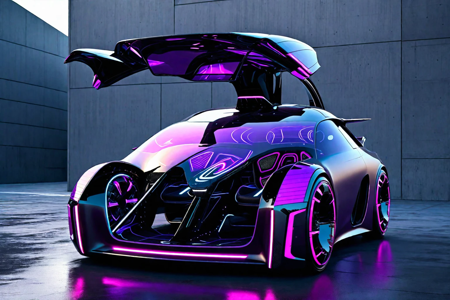 purple and black cars，The hood and doors are open, Futuristic car, Futuristic suzuki, Futuristic cars, Futuristic design, Cyberpunk Car, Futuristic car concept, Futuristic Concept cars, very Futuristic, Futuristic product car shot, Futuristic concept design, Futuristic style, Futuristic cars and mecha robots, Futuristic vehicle, Futuristic, Concept cars, Sci-fi car, render of Futuristic supercar