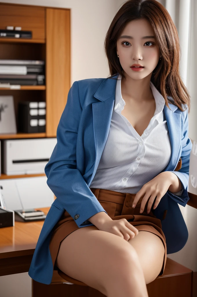 a 20 year old actress with the most beautiful woman's face in the world, perfect propotions of a woman's body, blazer is worn on shirt, hands are off vagina between opened legs, two pairs of labia under clitoris, woman's pubic hair, sitting on a desk chair in office, one person, nsfw, best quality, highly detailed, masterpiece, ultra high res, photo realistic, 8k