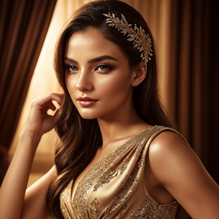 a beautiful woman wearing an elegant evening dress, detailed realistic portrait, realistic detailed eyes, lips, skin texture, high quality, photorealistic, intricate fabric details, shimmering satin, flowing design, cinched waist, dramatic lighting, warm tones, glowing skin, detailed hair, beautiful