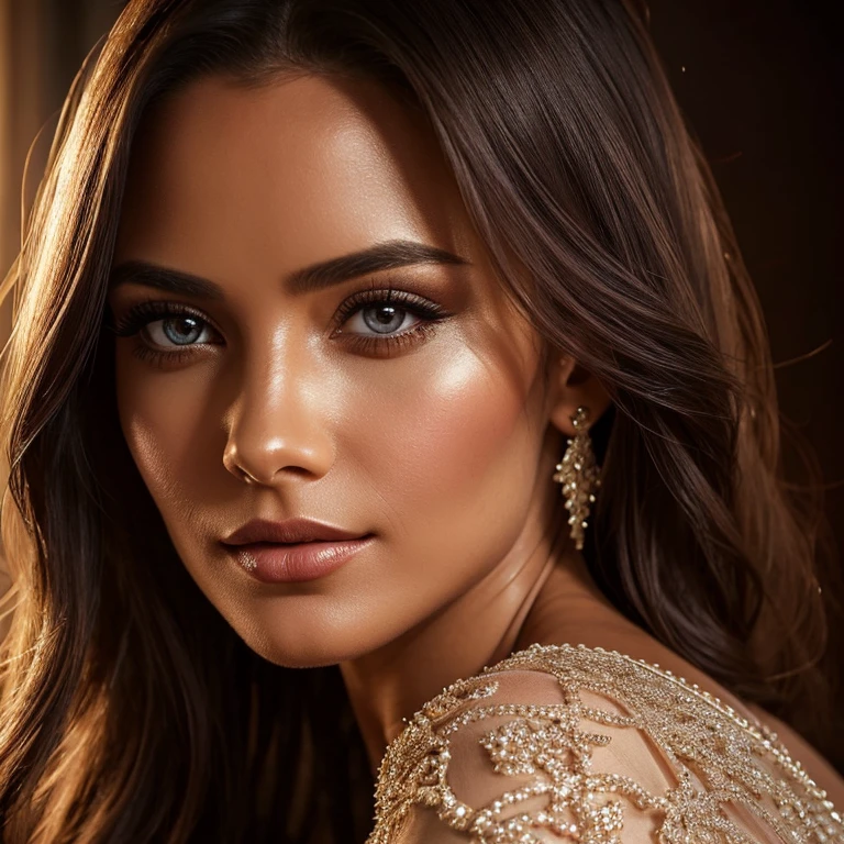 a beautiful woman wearing an elegant evening dress, detailed realistic portrait, realistic detailed eyes, lips, skin texture, high quality, photorealistic, intricate fabric details, shimmering satin, flowing design, cinched waist, dramatic lighting, warm tones, glowing skin, detailed hair, beautiful