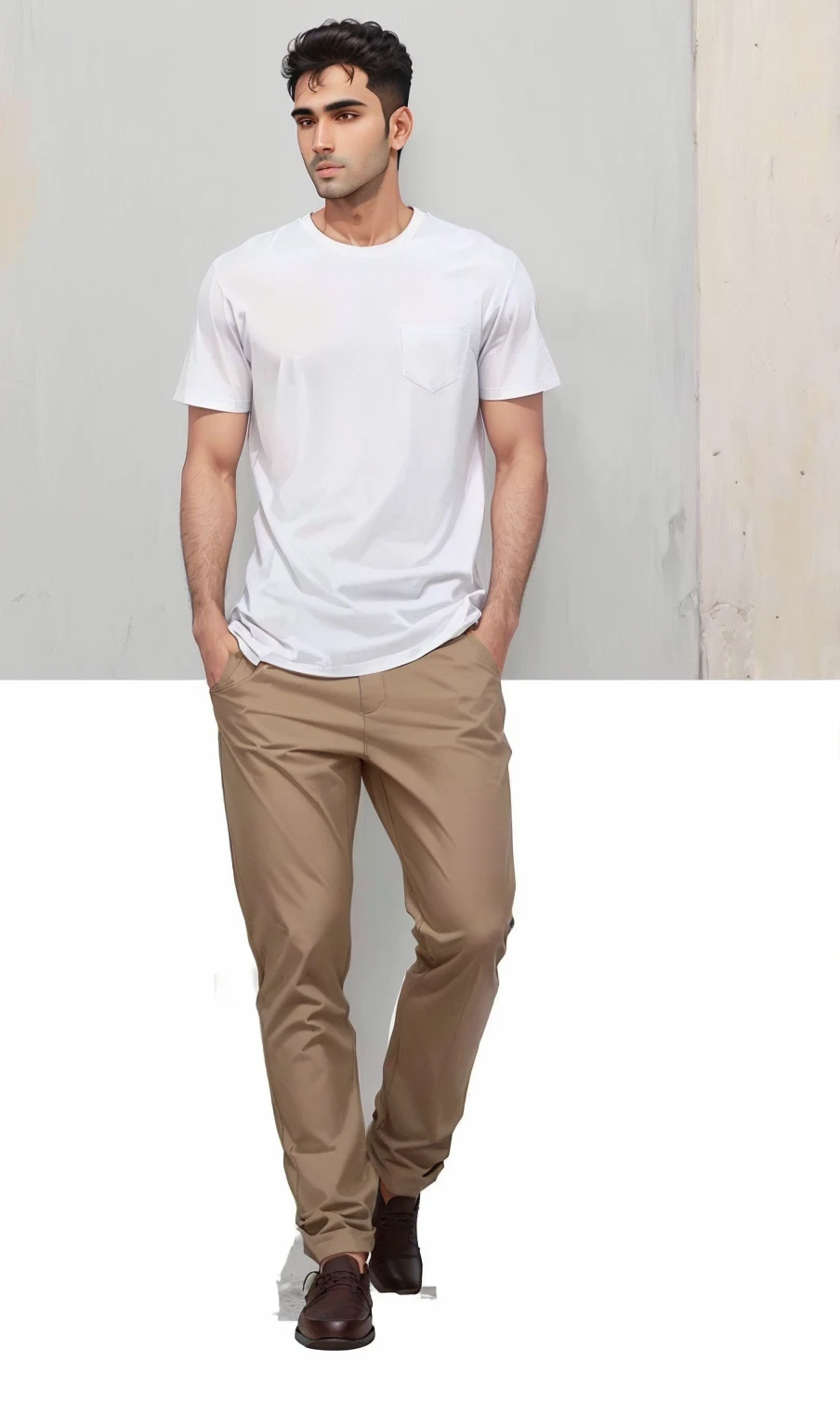 Arav man in white shirt and khaki pants standing in front of white wall, Wearing pants and T-shirt, Modern casual clothing, Brown pants, There are two front pockets, Casual Modern Clothing, Man in white t-shirt, Wear a white T-shirt, Smart casual, Wearing white T-shirt, Stylish design, Simple style
