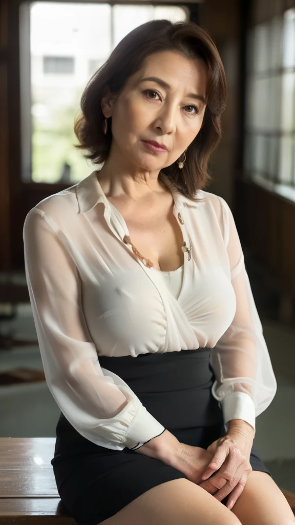 High resolution, High resolution, Attention to detail, masterpiece,(A loose body:1.1), Anatomically correct, sharp, ((Japanese Mature)),(80 years old:1.3),((Facial wrinkles)), Shapely large breasts,Fair skin, Light brown long hair, bangs,(((Stand upright, Facing the center of the screen.))),Look at the photographer, Open your mouth and stare straight ahead,(Business Attire:1.2),(Sheer blouse:1.1),(Ultra mini skirt),(Sitting),(Thighs:1.3),In an abandoned house,(Serious expression),(old woman:1.4),Red lipstick,(Cleavage),announcer