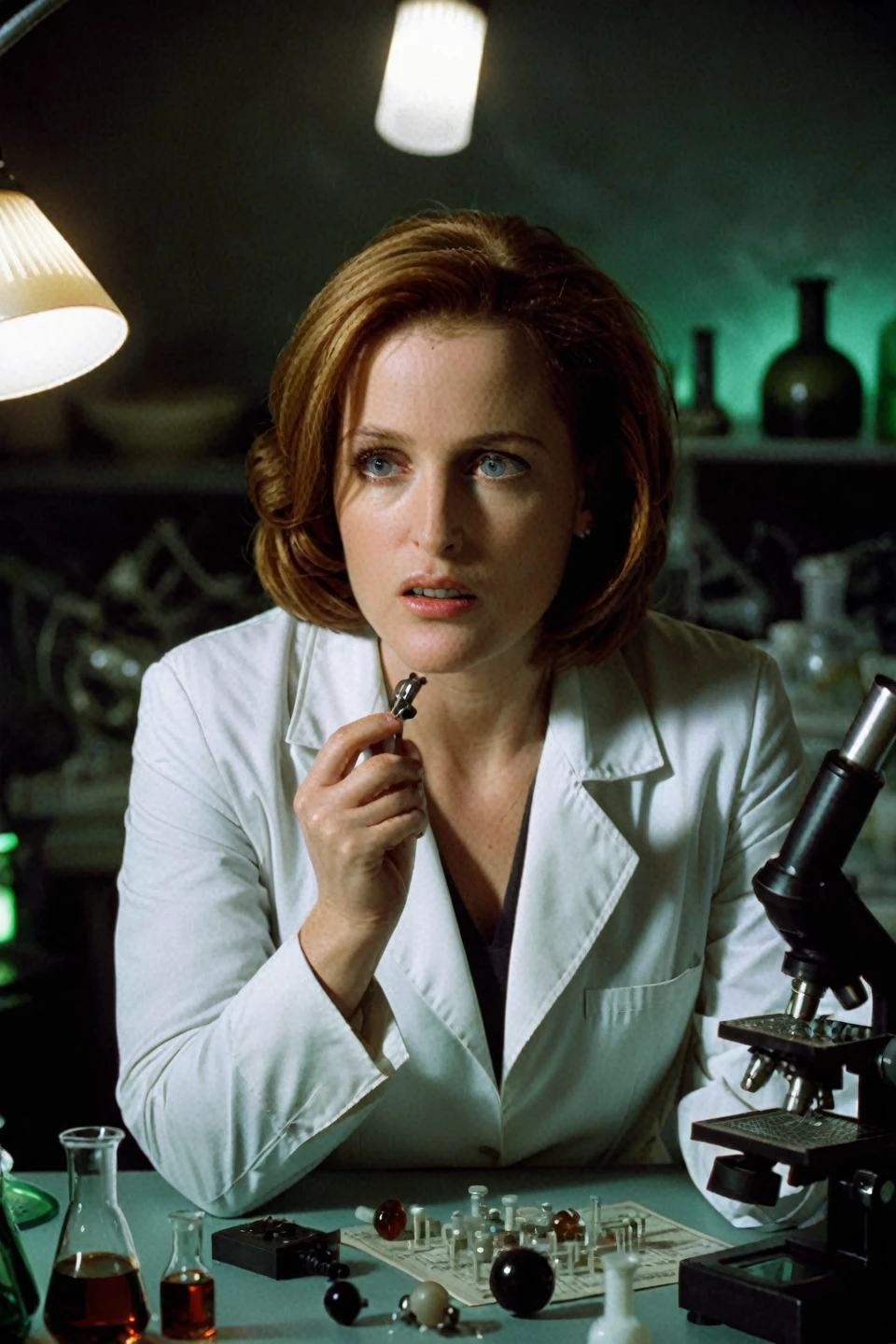 Dana Scully in the laboratory, surrounded by scientific equipment and alien artifacts. She is wearing a lab coat and examining a strange object.., otherworldly specimen under a microscope. The room is filled with bright, artificial light, contrasting with dark secrets, which she reveals. Her facial expression is one of admiration and concern.., reflecting the dual nature of her work. woman Dana Scully