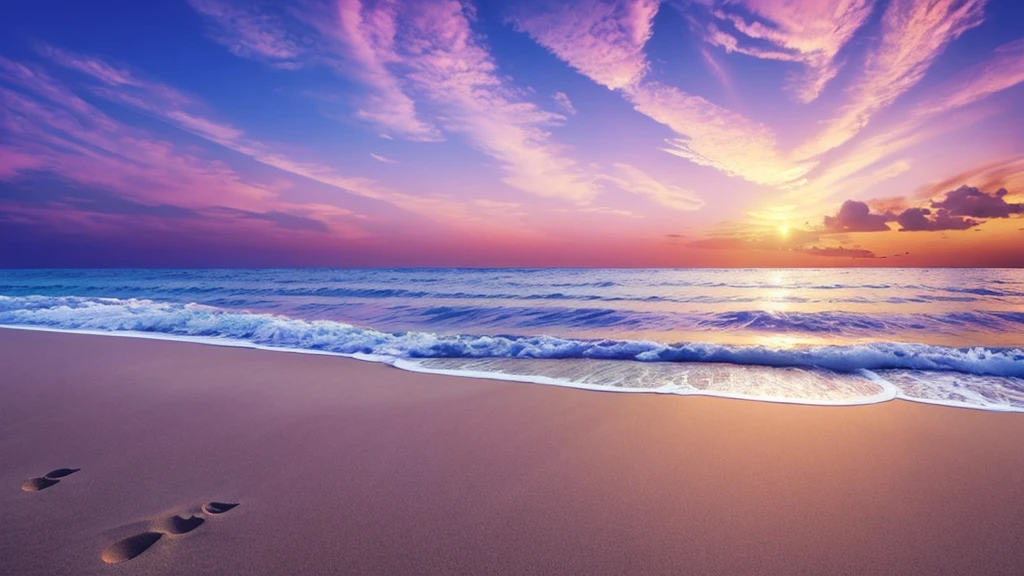create 3D beach with purple sky for banner, realistic, best quality, 16K