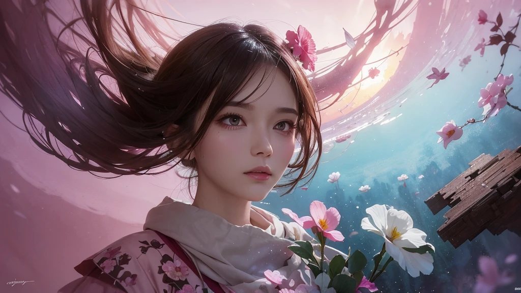 32k, Masterpiece, Highest quality, One girl, Detailed eyes, flower,Sandersonia, Pink and brown style,A dreamy, romantic piece,Pale pink, Mysterious Leaves,A playful arrangement,Fantasy,High Contrast,Ink strokes,explosion,Exposure, Impression of pink and brown tones,Abstract,((Watercolours by John Berkey and Jeremy Mann )) Brush strokes,Negative Space, Tyndall effect,