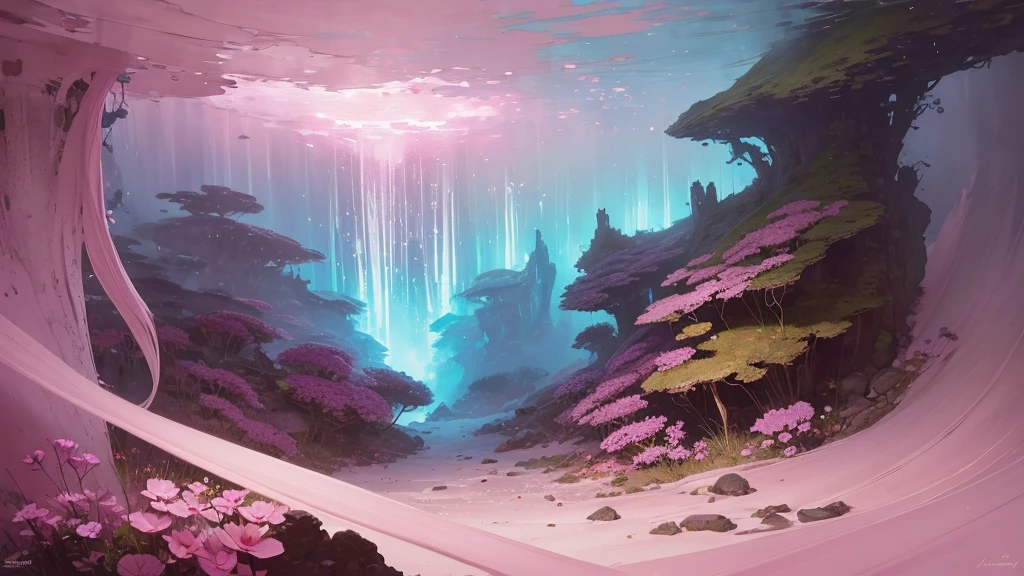 32k, Masterpiece, Highest quality, One girl, Detailed eyes, flower,Sandersonia, Pink and brown style,A dreamy, romantic piece,Pale pink, Mysterious Leaves,A playful arrangement,Fantasy,High Contrast,Ink strokes,explosion,Exposure, Impression of pink and brown tones,Abstract,((Watercolours by John Berkey and Jeremy Mann )) Brush strokes,Negative Space, Tyndall effect,