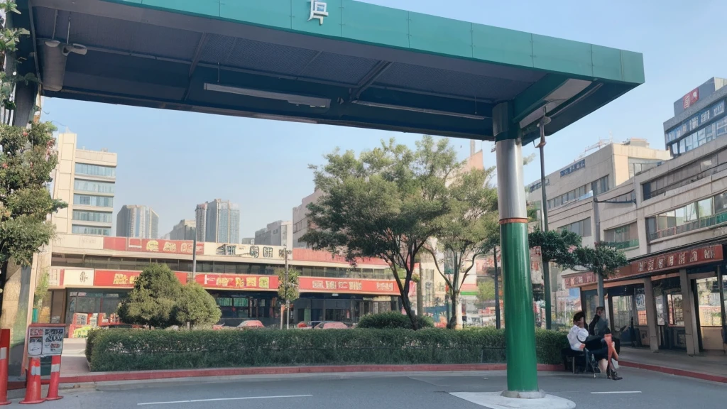 A modern Chinese city, a bustling metropolis, a modern bus shelter, green plants, high-definition, realistic, 8k, surreal, professional lighting, cinematic colors, dramatic shadows, symmetrical composition, urban landscape, detailed architecture, clean lines, futurism, full of vitality, amazing,