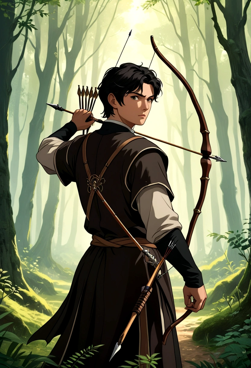 young man with short brownish black hair wearing medieval clothes, holding a bow and arrows, set in a forest. Approaching perfection, Long take shot, Ultra detailed, smooth, HD resolution, Niji-5.