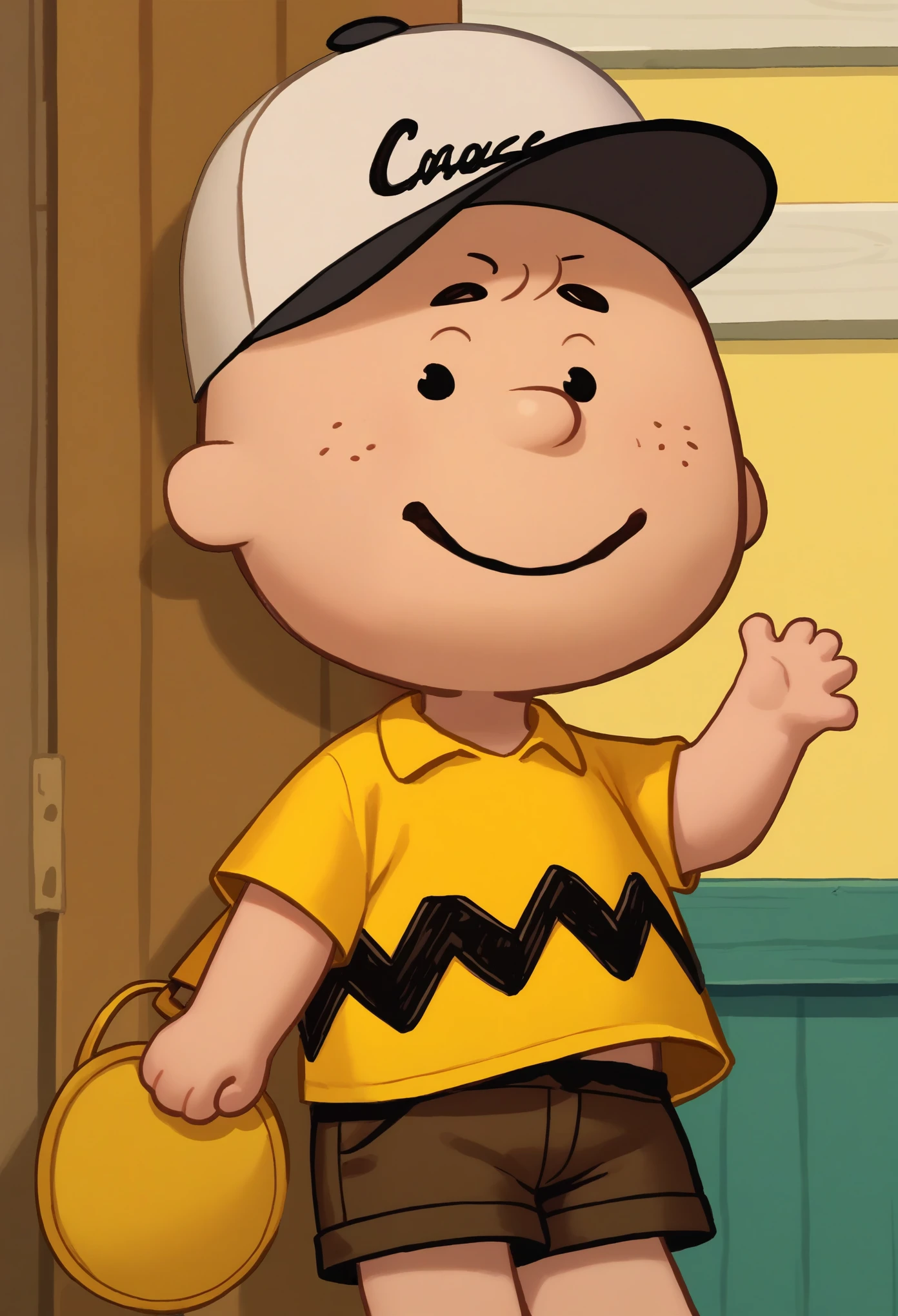 score_8, score_9, charlie brown, yellow shirt, shorts, hat