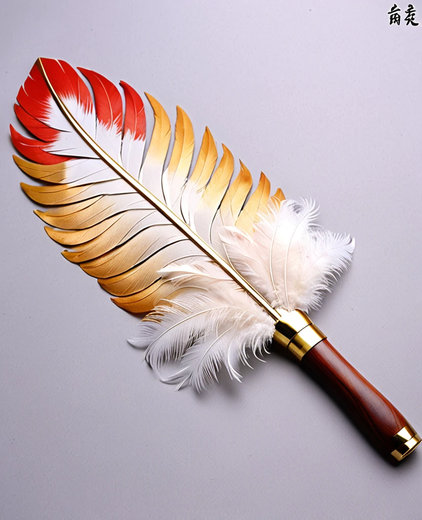 （Handle Feather Fan)、（Wooden handle）、（(It is made up of many overlapping feathers.）)、(The handle is at the base of the blade.)、The blade is larger than the handle