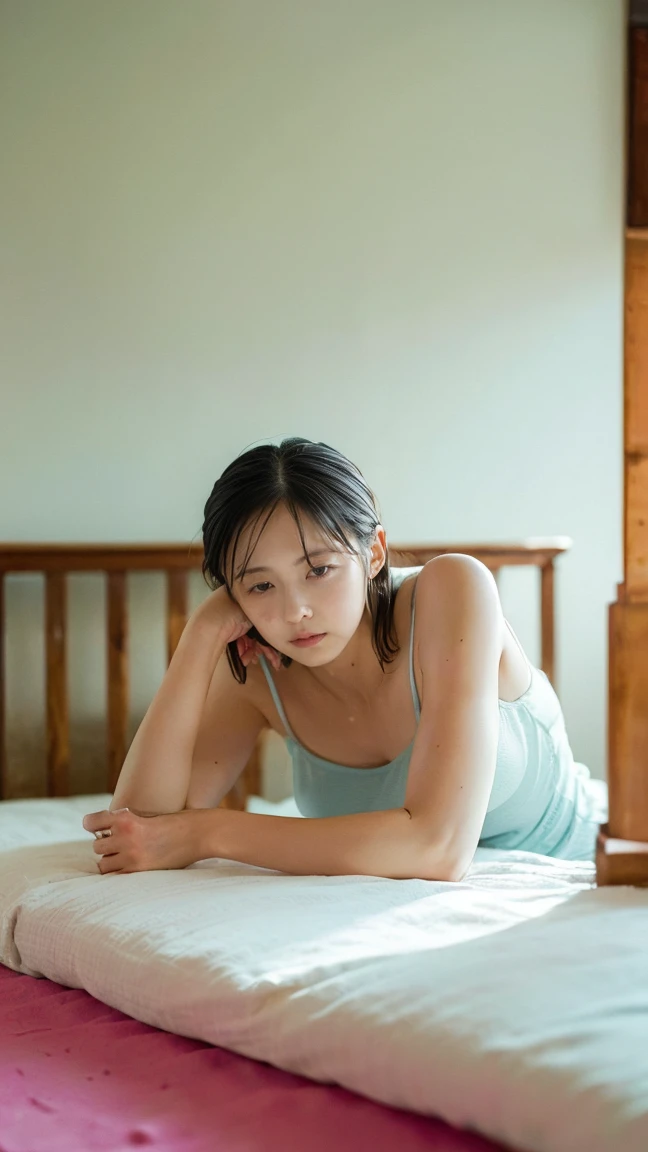 (((highest quality,Very detailed,masterpiece,Very detailed))) ,(((Bend your knees))),loose breast,See through,camisole,one piece,barefoot,One Girl,Realistic,Lying down,Bedroom、Looks sleepy