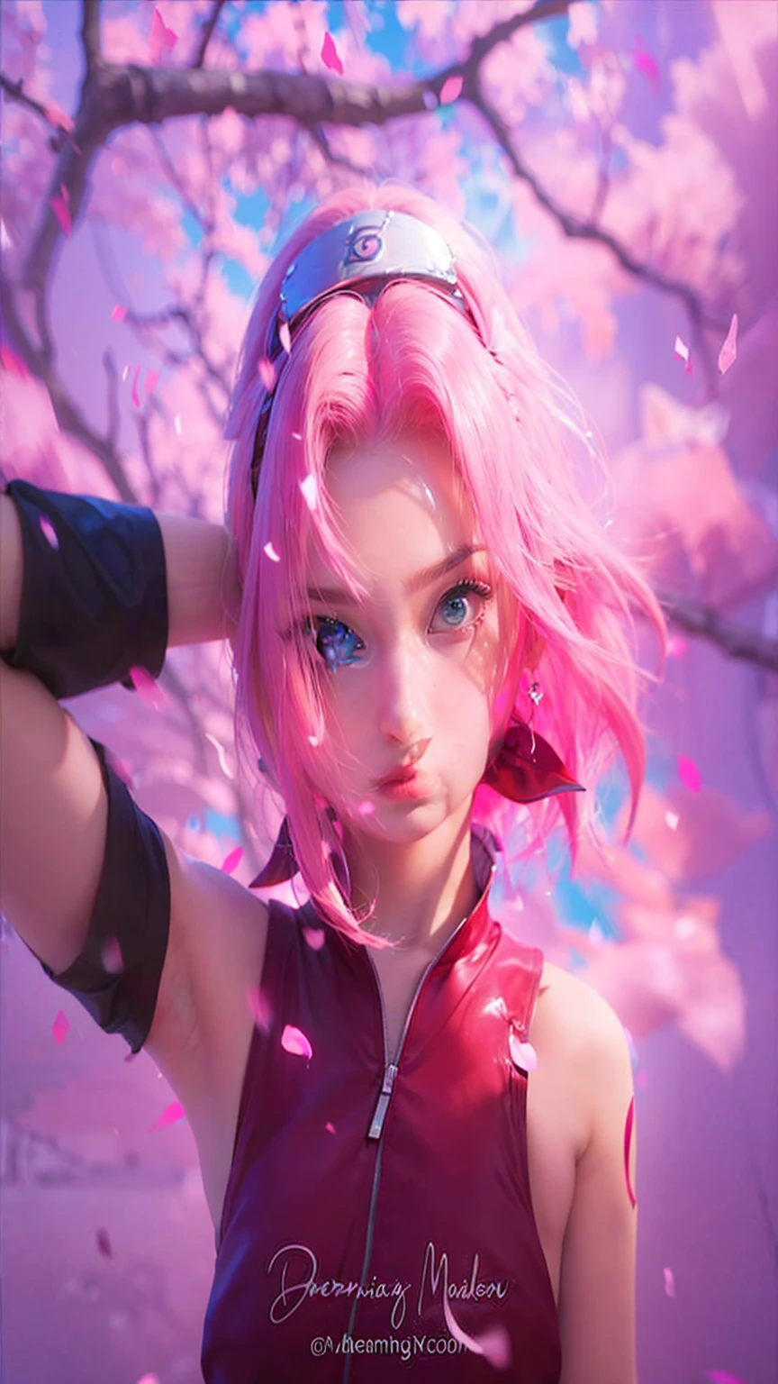 young woman, Short shoulder-length pink hair, Wide forehead, Porcelain-like skin, Pink eyebrows, large emerald-green eyes, Button nose, Fuller lips, Heart shaped face, Slender body, Small breasts, Red Tank Top, Haruno sakura , Realistic, realism, detailed, 3D, よくdetailedに