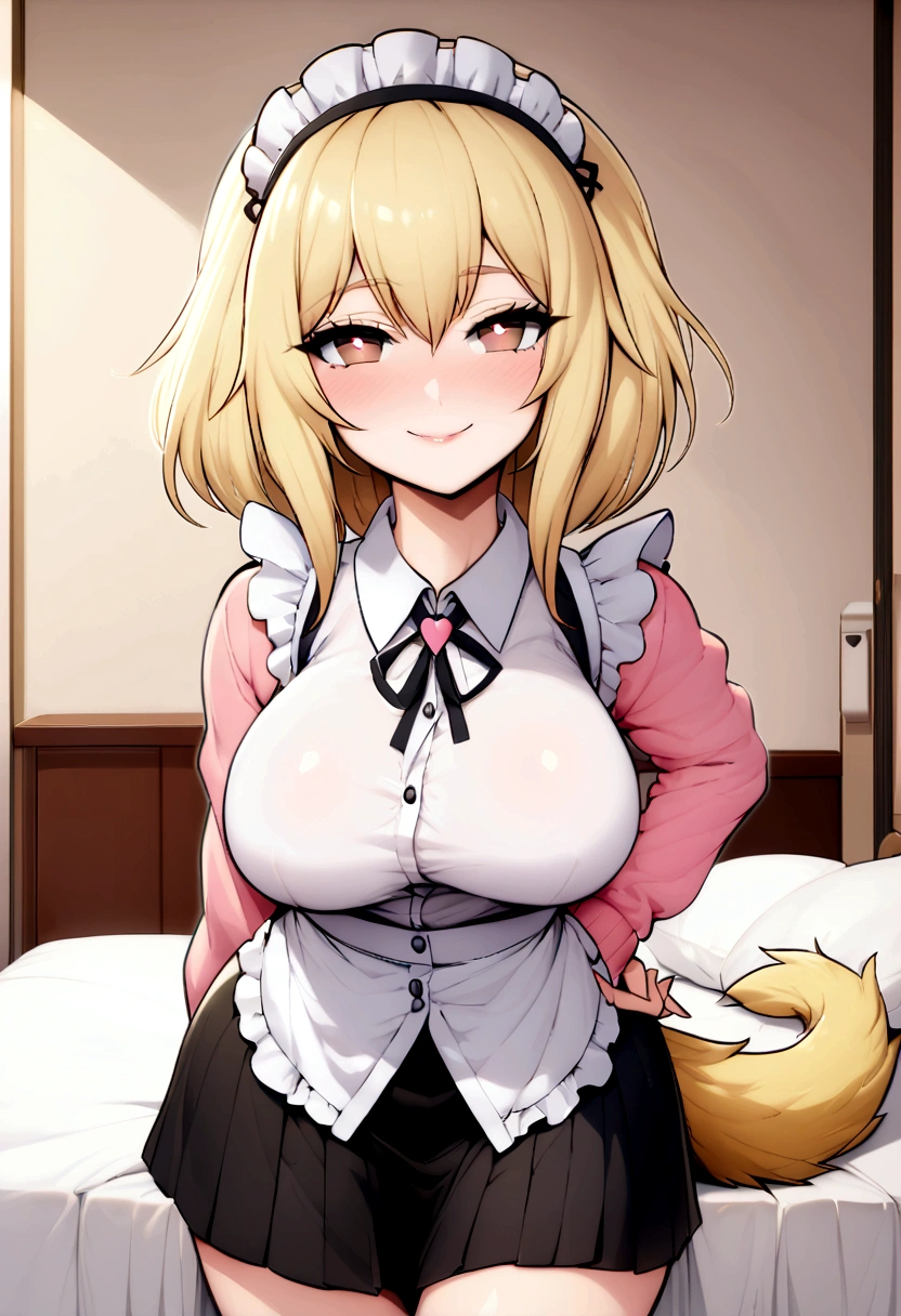 Attractive, big tits, anthropomorphic, female lion, innocent, maid outfit, medium bob blonde hair, blue clip, hotel room, on bed, seductive pose, brown eyes, pink heart visible in eyes, smiling, happy, wearing cardigan, shirt, skirt, black and white maid outfit She is. Tail curled and long, cartoonish, viewpoint back, slightly above her eye level, skirt flipped up to show her hips,