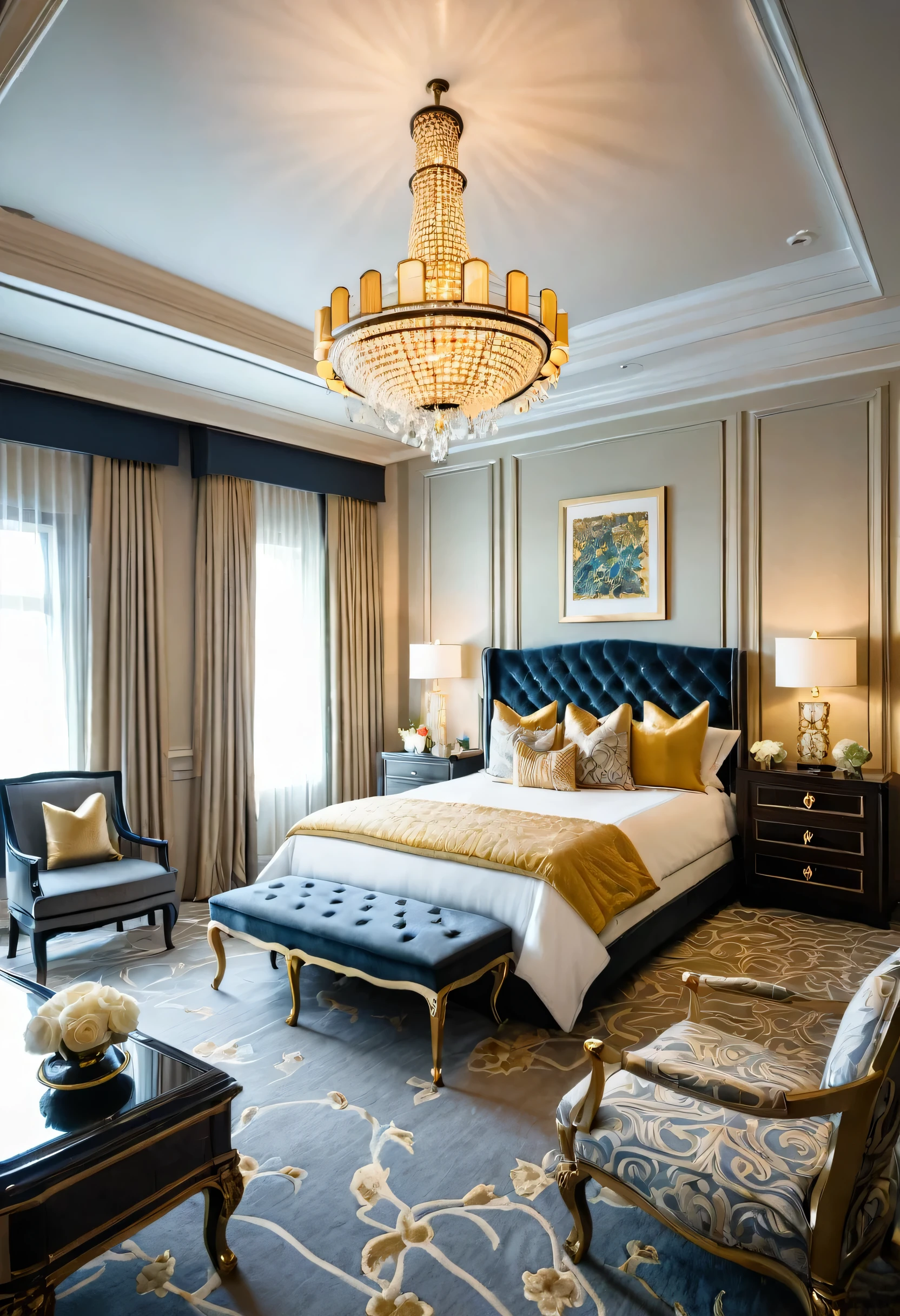 Luxurious hotel room featuring ornate, gold-accented decor with intricate patterns. A large bed with decorative pillows is positioned in the center. On each side of the bed are nightstands with elegant lamps. At the foot of the bed is a tufted bench. The ceiling features a grand chandelier and detailed gold embellishments. A dark wood console with a mounted television on the left wall. Two armchairs and a small table with flowers are placed by the window, which showcases an urban skyline through heavy drapes. The room exudes opulence and elegance.