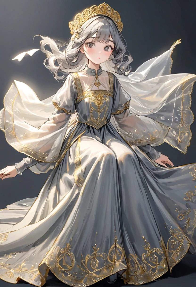 girl, Gold and silver embroidery, White-gray pearl medieval long dress（With panniers）, Translucent fabric, Pull up the dress by hand, Strong winds, Translucent slip, Grey translucent tights, Peeking from below, Highest quality, Disorder of clothing, sit