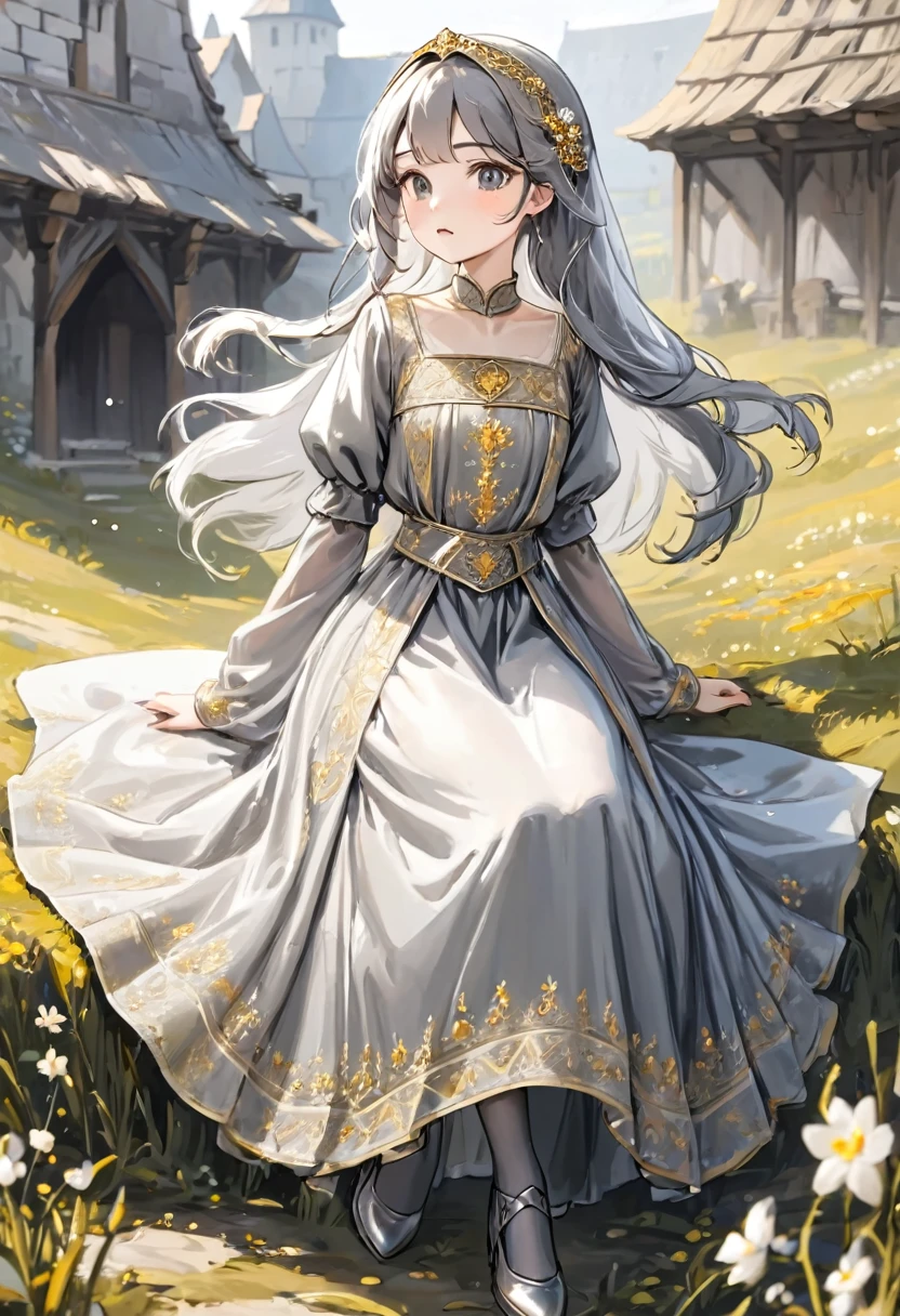 girl, Gold and silver embroidery, White-gray pearl medieval long dress（With panniers）, Translucent fabric, Pull up the dress by hand, Strong winds, Translucent slip, Grey translucent tights, Peeking from below, Highest quality, Disorder of clothing, sit