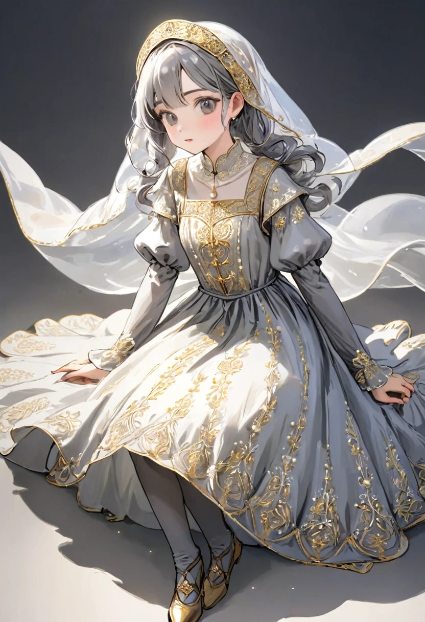 girl, Gold and silver embroidery, White-gray pearl medieval long dress（With panniers）, Translucent fabric, Pull up the dress by hand, Strong winds, Translucent slip, Grey translucent tights, Peeking from below, Highest quality, Disorder of clothing, sit