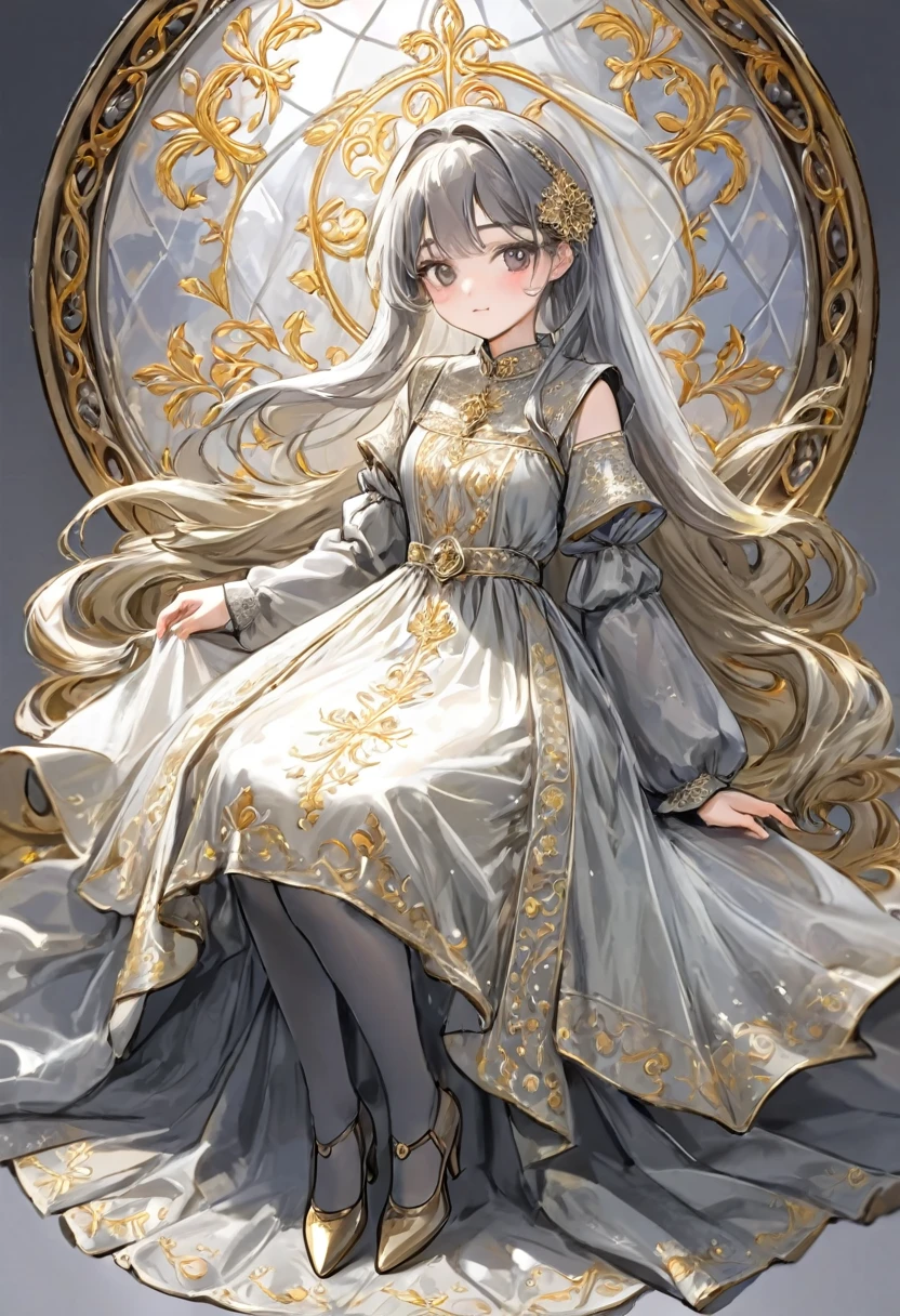 girl, Gold and silver embroidery, White-gray pearl medieval long dress(With panniers), Translucent fabric, Pull up the dress by hand, Strong winds, Translucent slip, Grey translucent tights, Peeking from below, Highest quality, Disorder of clothing, sit